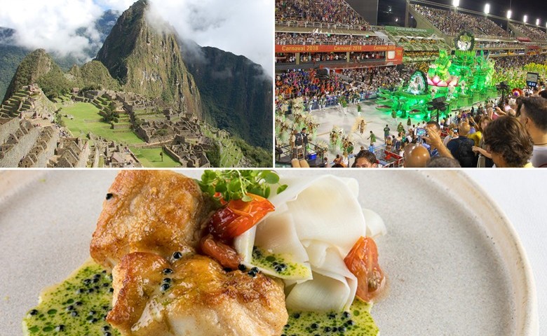 Auf den Spuren der 50 besten Restaurants Südamerikas. Von oben links im Urzeigersinn: Die Inkastadt Machu Picchu, Sambadrom in Rio, Restaurant Olymp in Rio, Nr. 27 der 50 besten Südamerikas.