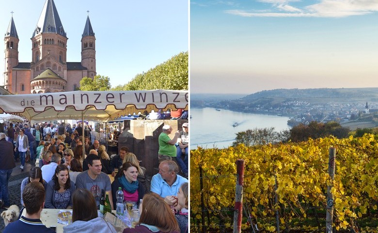 Links: Beim Mainzer Marktfrühstück. Rechts: Nierstein am Rhein