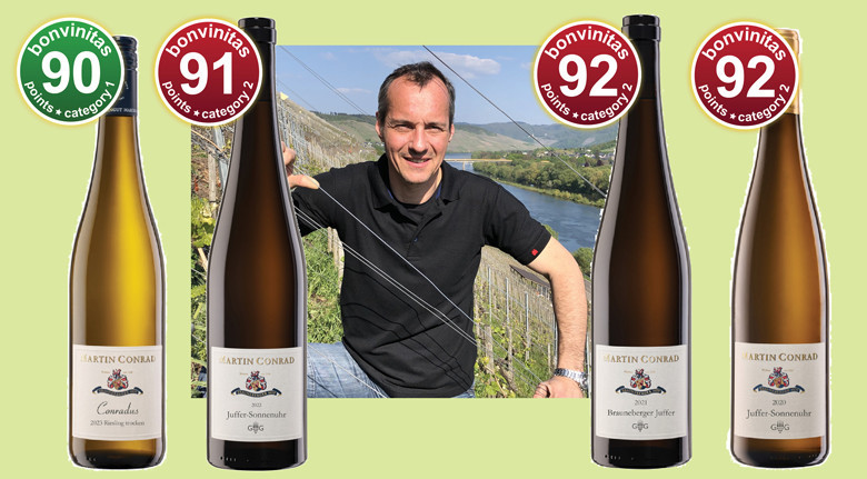 bis 92 bonvinitas Punkte: herrliche Moselrieslinge trocken vom Weingut Martin Conrad taxiert beim Internationalen bonvinitas WINE AWARD, 23.9.2024. Im Bild Martin Conrad