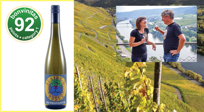 92 bonvinitas points: STRUWWELPITTER Rated by Dieter Simon: lots of drinking fun – fresh lightness. Landscape: Kinheim/Mosel; persons: Julia Molitor-Justen and Dr. Daniel Molitor