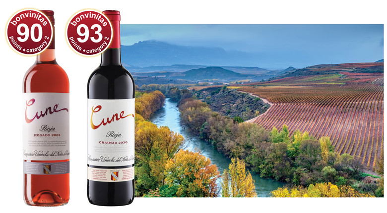 90 and 93 bonvinitas points for Rioja Rosado and Rioja Crianza rated by Dieter Simon – 'Cune', available in stores. Picture: Wine landscape on the Ebro near Haro. Photo credit: Javier Castro - Adobestock