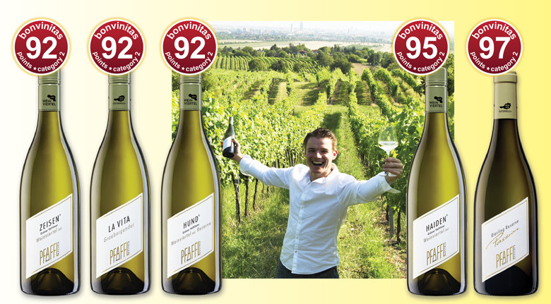 92 to 97 bonvinitas points: top strong white wines from the Austrian Wine Estate Pfaffl; the photo depicts Roman Josef Pfaffl and Vienna to be seen in the background