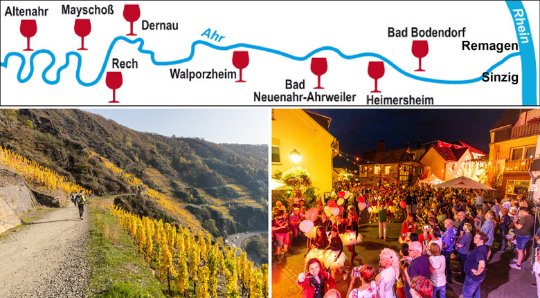 Das Ahrtal – beste Rotweine und Blanc de Noir sowie viele fröhliche Weinfeste. Links der beliebte Rotweinwanderweg, rechts Festlicher Umzug beim Weinfest in Bachem